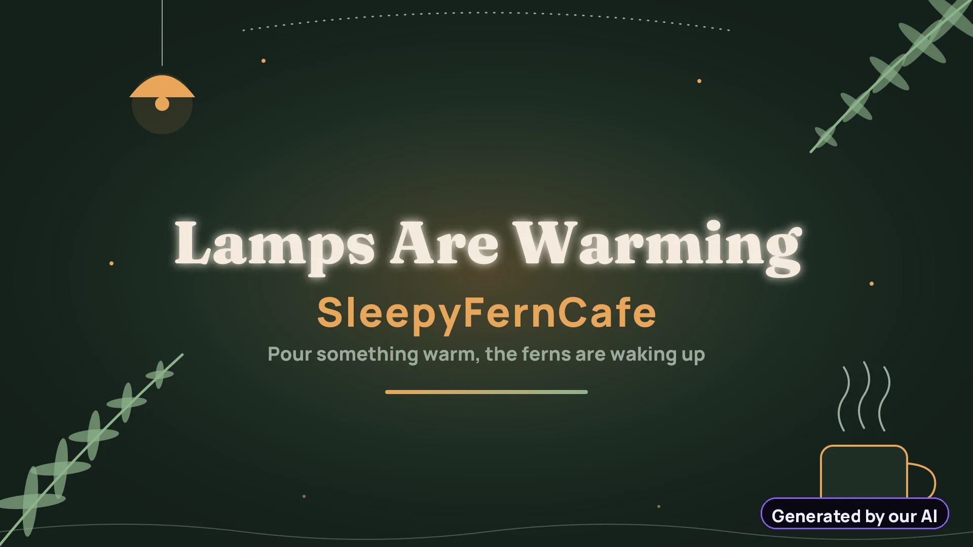 Starting soon screen designed by our AI for the sample cozy channel SleepyFernCafe